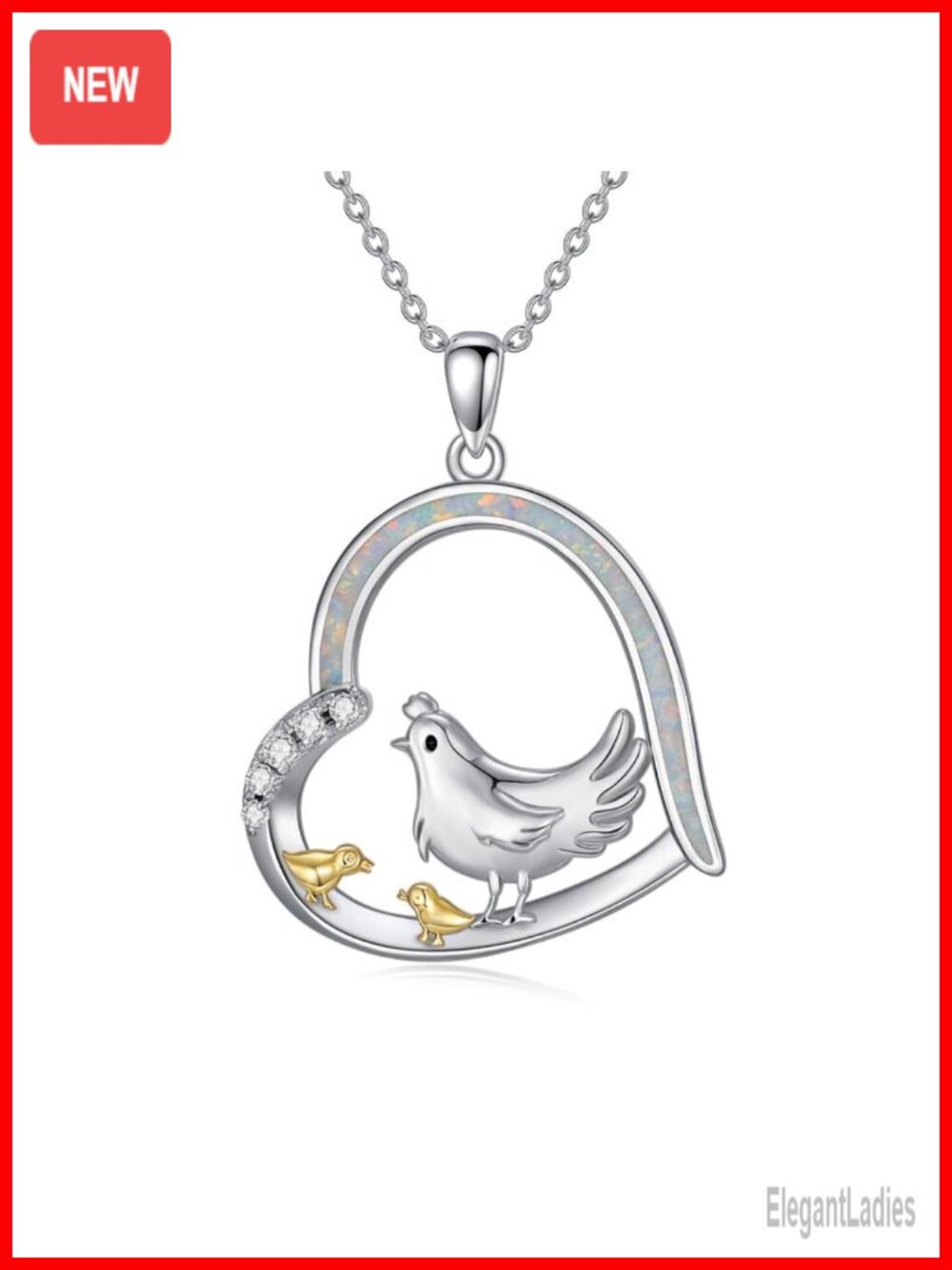Genuine 925 Sterling Silver Opal Chicken Pendant Necklace Animal Charm